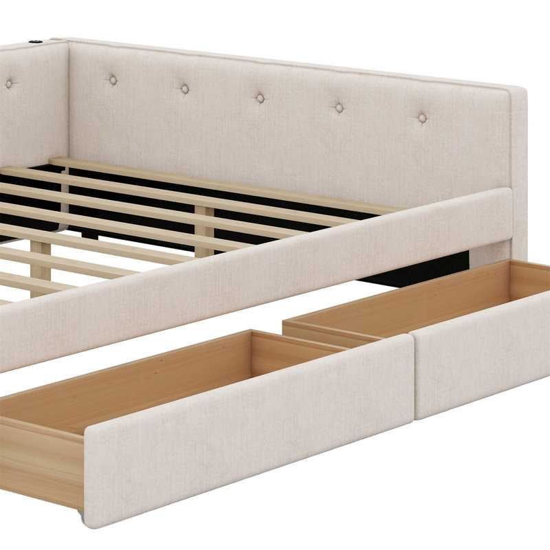 Lit plateforme tapissier avec port USB et 2 tiroirs, Complet/Double