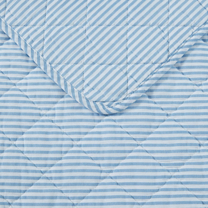 Laura Ashley Oxford Stripe Blue Cotton Reversible Quilt Set, Queen Quilt+ 2  Standard Shams