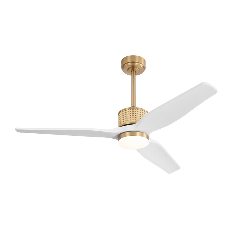 52 po Ventilateur de plafond 3 pales en bois massif avec lumière DEL, Or avec pales blanches