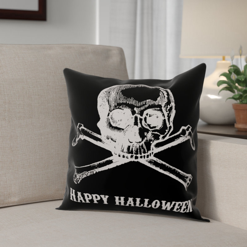 Skull and Crossbones Happy Halloween Throw Pillow, Indoor