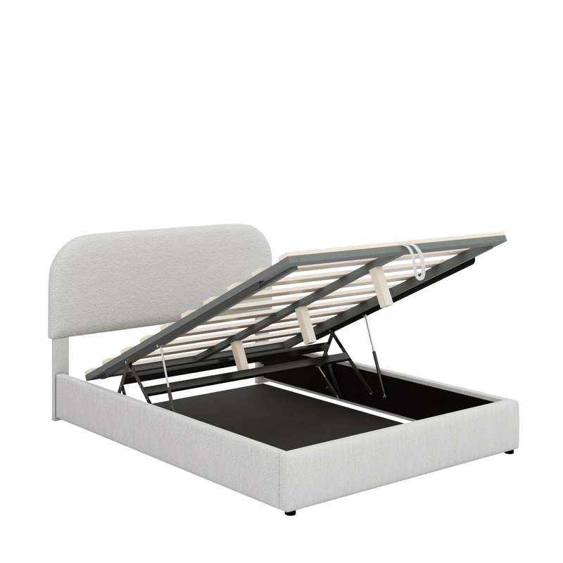 Lit plateforme tapissier avec système de rangement hydraulique, Lit double, Blanc