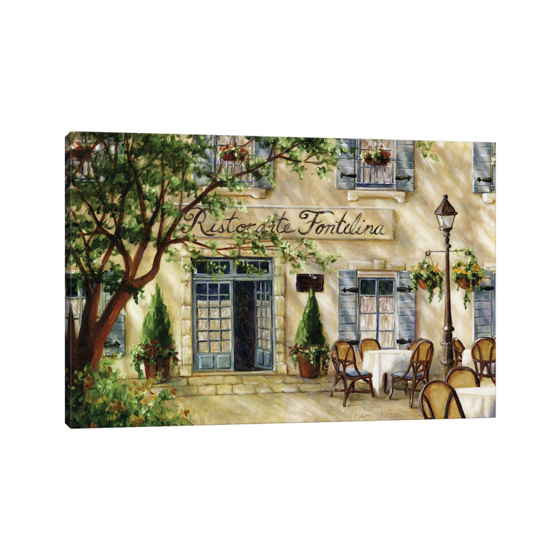 «Cafe VII» par Malenda Trick - peinture sur toile tendue, H 12 po x l 18 po x 1,5 po