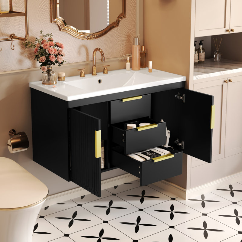 Meuble-lavabo mural 36 po avec plateau en résine, armoire de rangement avec 2 tiroirs et porte à fermeture en douceur, Noir