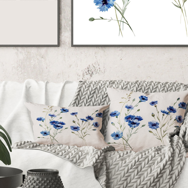 Blue Cornflowers With Green Leaves III - Traditional Printed Throw Pillow, 16" x 16"