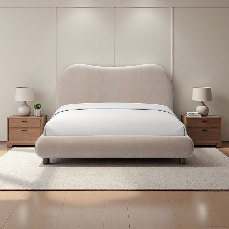 Mallow Upholstered Platform Bed, Solid Wood Leg with Curved Headboard