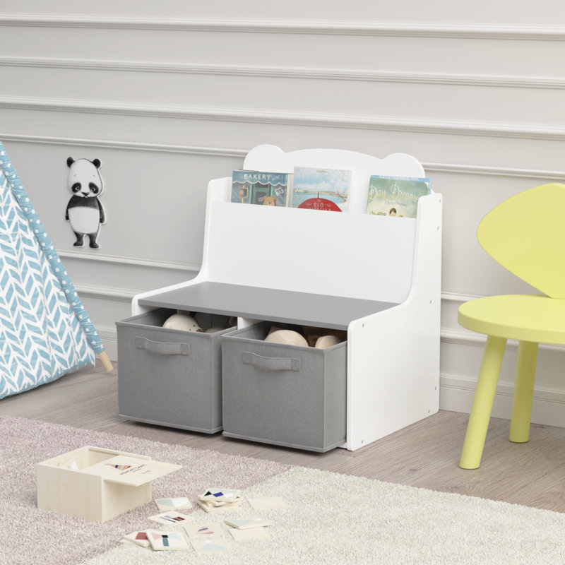 Bibliothèque pour enfants avec bacs de rangement - Bibliothèque en bois avec étagère à livres et 2 bacs en tissu, joli panneau en forme d'ours, organisateur de jouets pour tout-petits et enfants