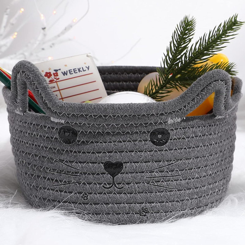 Cat Storage Basket Woven Organizer With Ears Decorative Pet Toy Cute Bin Cotton Rope Basket For Gift Cat Dog Toy Container Nursery Room