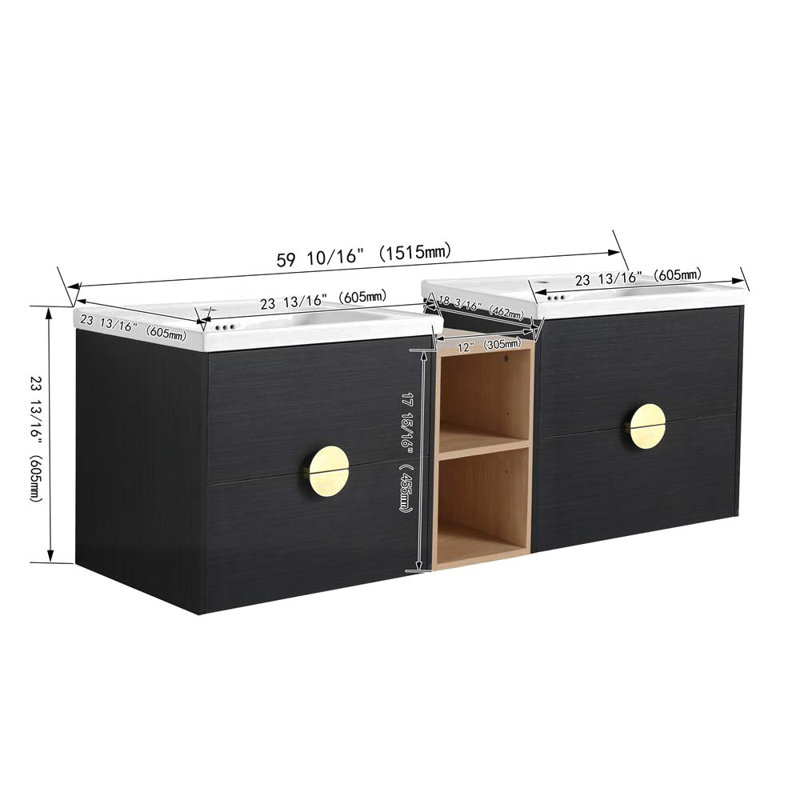 Meuble-lavabo double 59,62 po avec plateau en céramique Massas