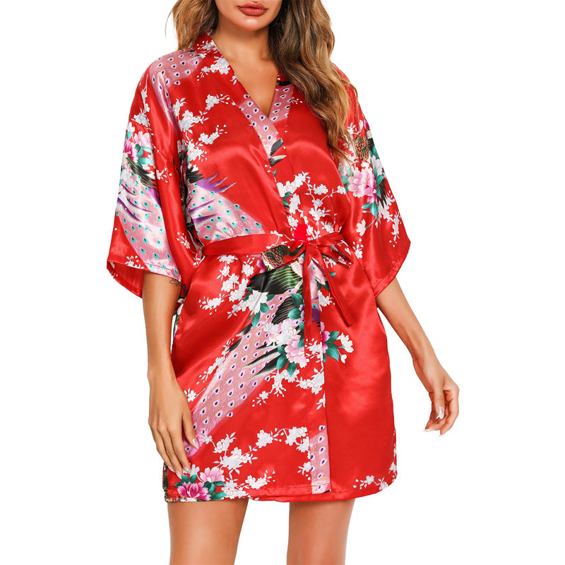 Ceres Satin Above Knee Bathrobe, S, Red