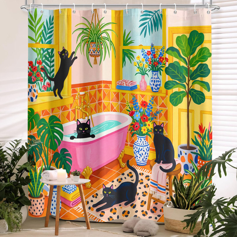 Mignon chat, rideau de douche à motif d'illustrations de dopamine, décor de salle de bain à motif de plantes tropicales noires et mates, 72 po x 72 po