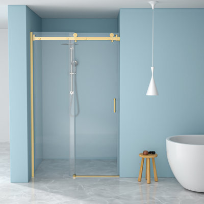 Single Shower Door With 8mm Tempered Glass And 304 Stainless Steel Gold Frame, Space For Compact Bathrooms, Wet/dry Separation Small Spaces,