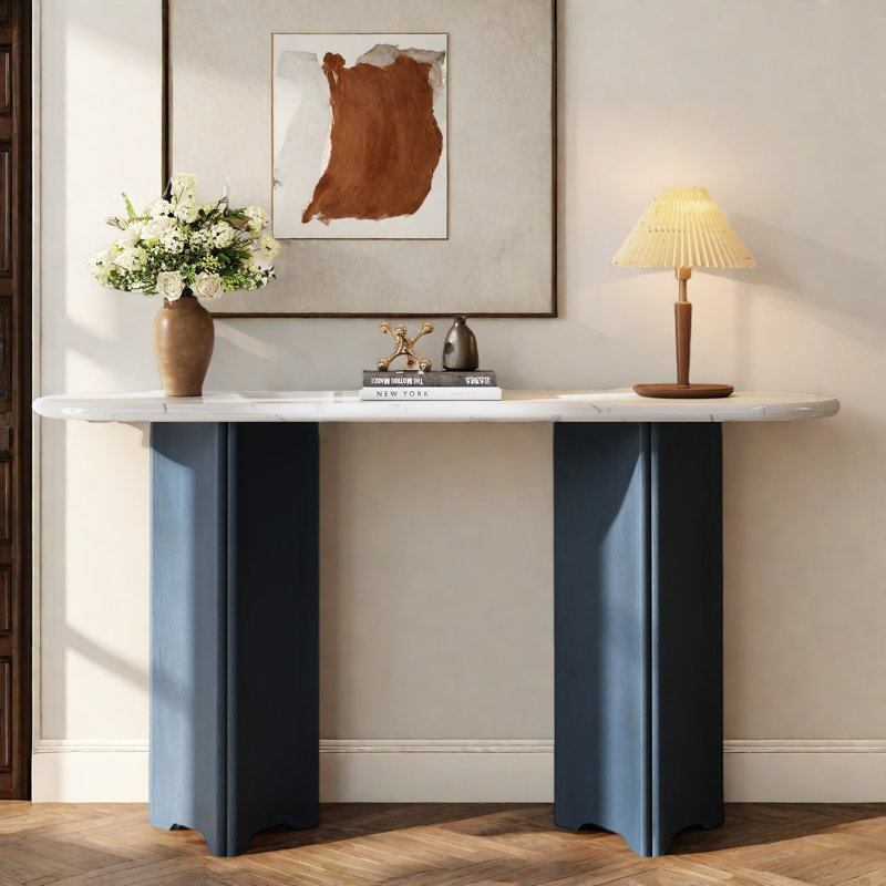 Narrow Console Table With Oval Marble Top, Curved Legs And Triangular-designed Base, Navy