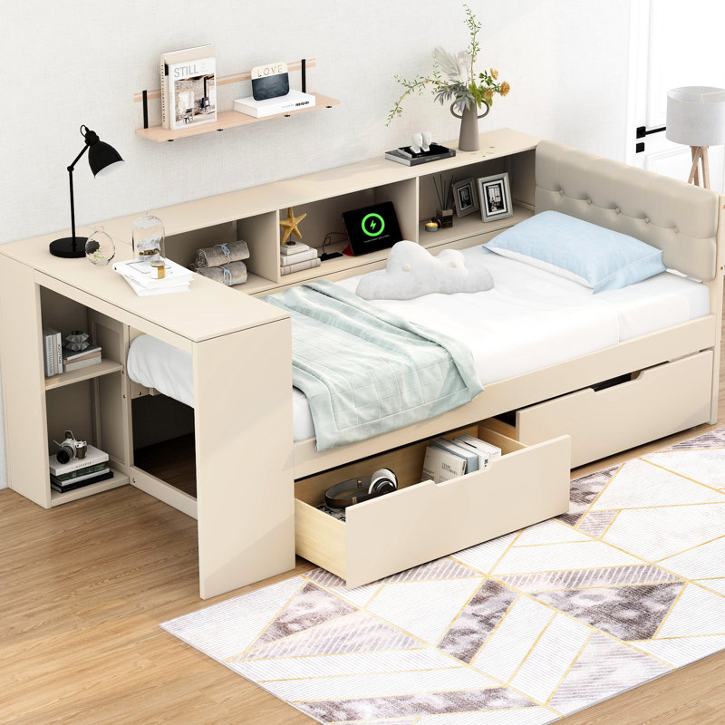 Lit plateforme simple en bois crème avec espaces de rangement, tiroirs et station de charge, tête de lit tapissier taille ornement, rangement, couleur d'installation