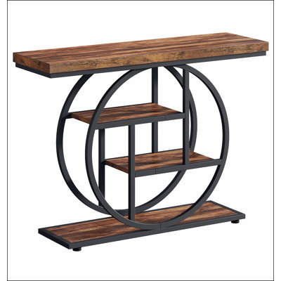 Console industrielle de 41,3 po, canapé brun rustique à 4 niveaux avec cadre en métal circulaire unique et tablettes de rangement, table d'appoint étroite pour le salon