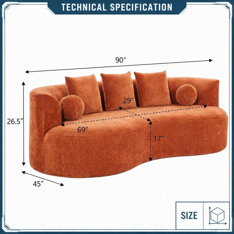 Canapé courbé recouvert de chenille moderne, canapé confortable généreusement rembourré avec une courbe sculpturale, Orange
