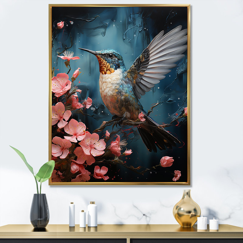 Art floral bleu colibri - Colibri, Cadre flottant doré, H 44 po x l 34 po x P 1,5 po