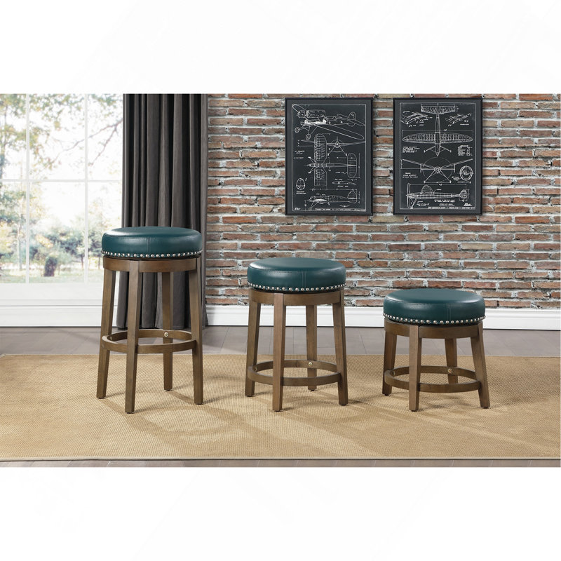 Ensemble de 2 tabourets ronds, ensemble de 2 sièges en similicuir vert avec garniture cloutée et cadre en bois massif avec finition brune