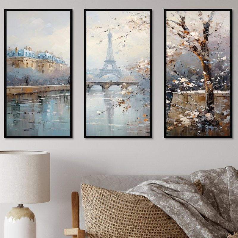 Hiver Paris, Tour Eiffel, ville, charme I - Art mural de Paris, H 28 po x l 36 po x P 1 po, Cadre flottant noir
