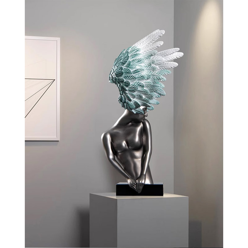 Zen-Style Fiberglass Angel Sculpture Decoration Item, Silver/Teal