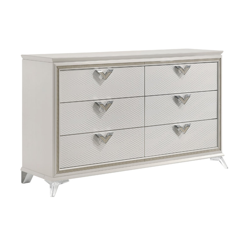 Commode Dery 65 pouces, poignée triangulaire 6 tiroirs chrome, blanc et or