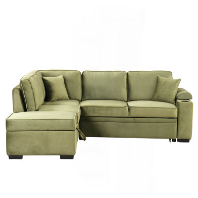 84.75" Sleeper Sofa Bed,2 In 1 Pull Out Sofa Bed L Shape Couch With Storage Ottoman For Living Room,Bedroom Couch And Small Apartment, Green
