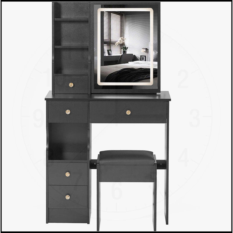 Compact Desktop Vanity Table with Advanced LED Mirror and Ample Storage, Black