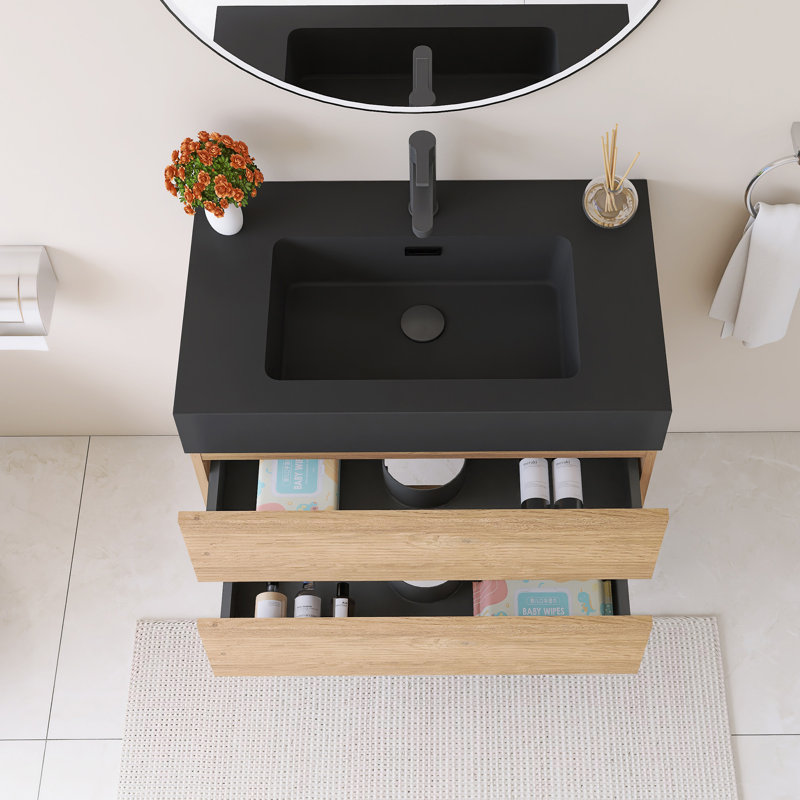 30" Wall-Mounted  Bathroom Vanity With Black Solid Surface Basin, 30"