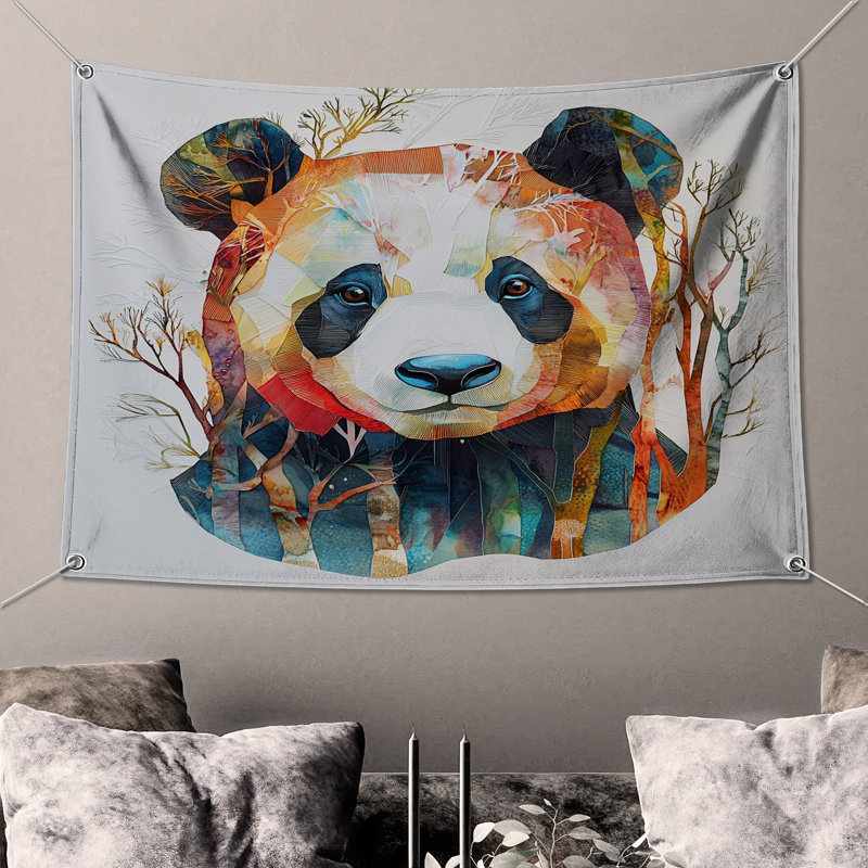 Colorful Panda Illustration Wall Tapestry - Panda Wall Decor, 104in H x88 with 4 Grommets