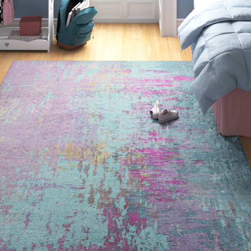 Tapis bleu / mauve à motif abstrait tissé à la machine Bevin, Rectangle 8 pi x 10 pi