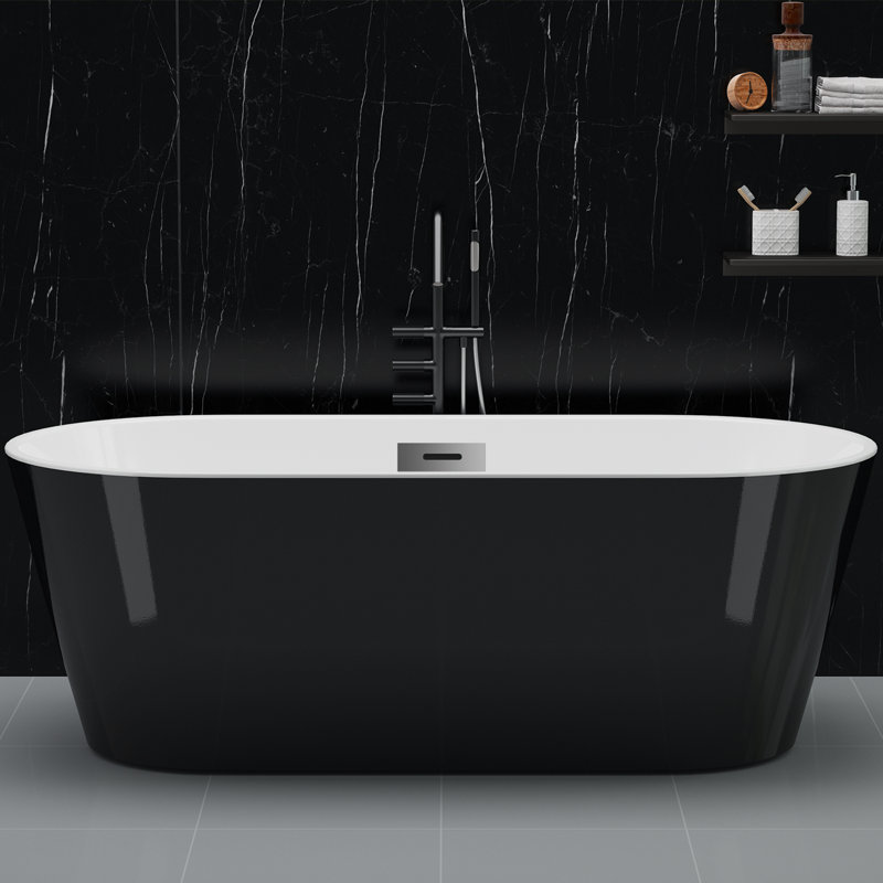 59 in Acrylic Freestanding Bathtub, Contemporary Stand Alone Tub,Soaking Bathtub, Oval Bathtub with Chrome Overflow and Drain, Free Standing Tub for Bathroom，CUPC Certified