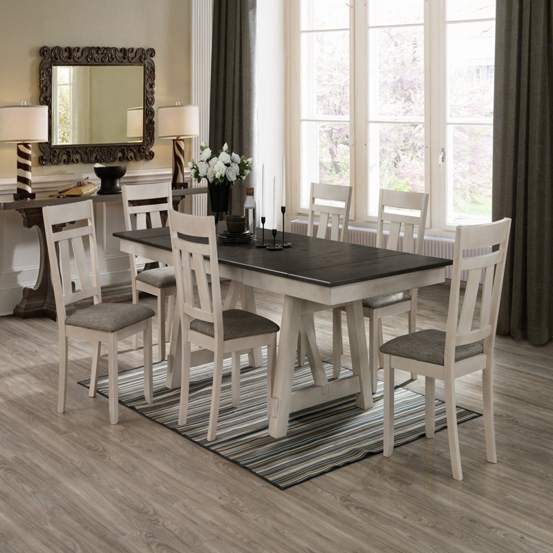 7pc Cottage Style Extendable Dining Table Set Chalk Gray Tow Tone Finish Upholstered Chair Dining Room Wooden Furniture Two Self-Storing Refectory Leaves Solid Wood