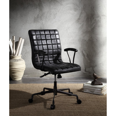 Chaise de bureau rétro en cuir fleur et aluminium noir avec siège pivotant à 360 degrés, hauteur de levage réglable, support en métal avec accoudoir à dossier rembourré, base à 5 branches, capacité de poids de 220 lb, siège de 17 po