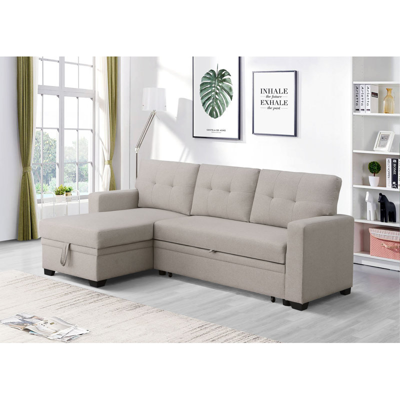 3-Piece Pull-Out Sofa Bed With Reversible Storage Chaise, Beige