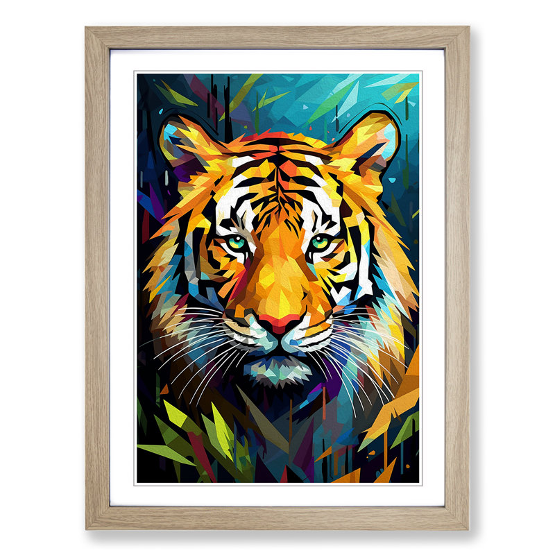 XYZ-FRM-V1223-1626 Tiger Cubism No.2 - Single Picture Frame Print on Wood, Oak, 46cm H x 34cm W x 2cm D