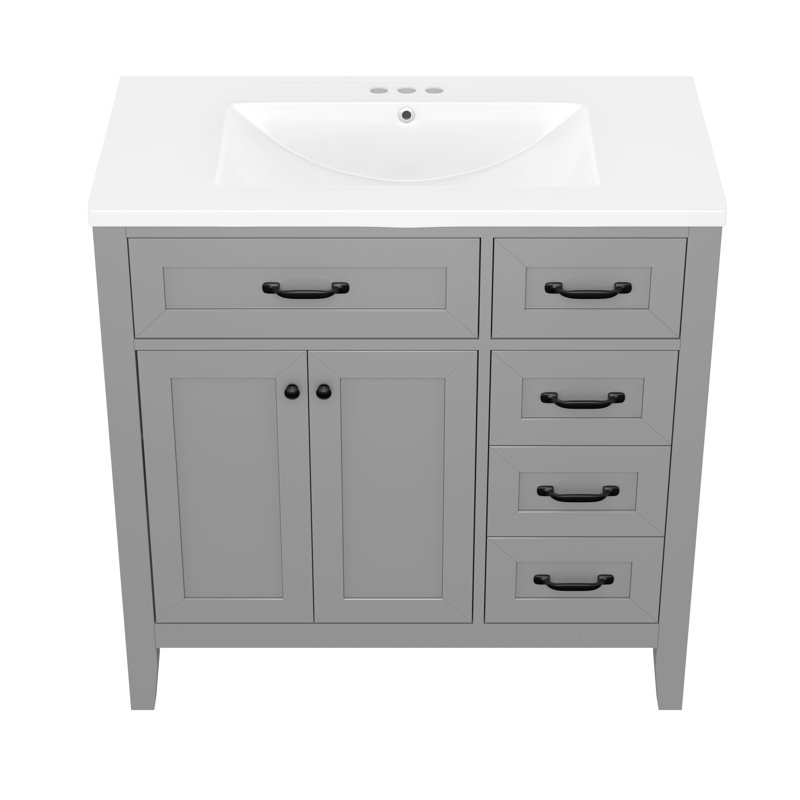 Ensemble de meuble-lavabo moderne gris avec lavabo en céramique, structure en bois massif pour une salle de bain élégante