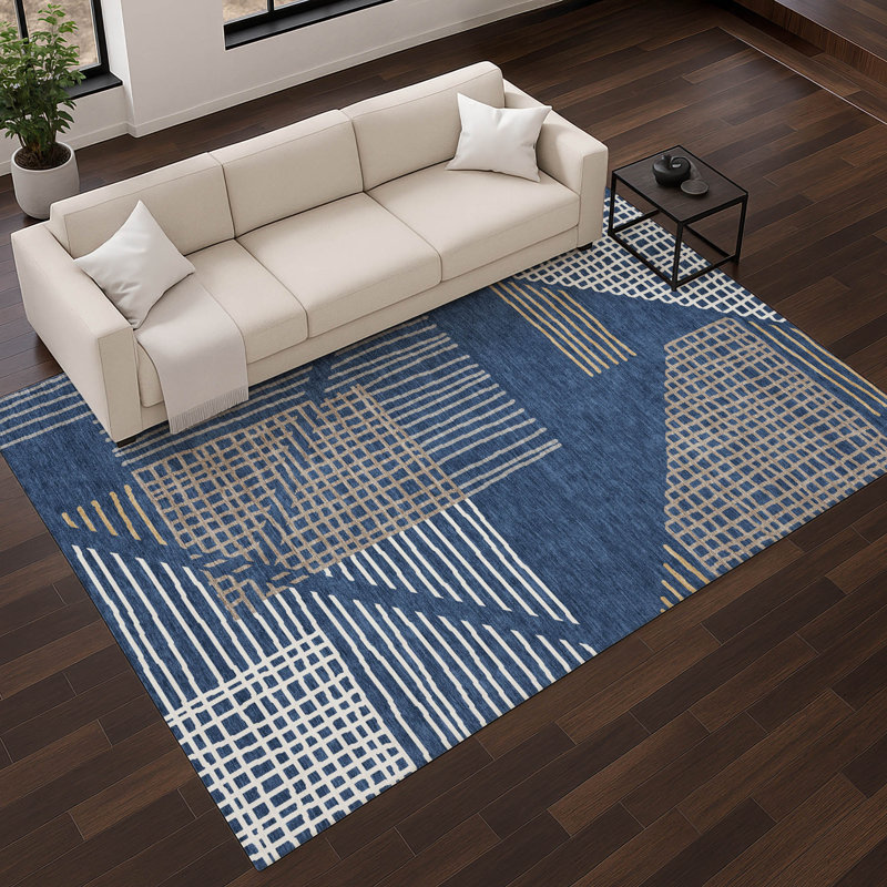 Premium Machine Washable Mayfield AMF2270 Striped Rug, Navy, 10' x 14'