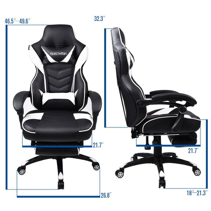 RAYS Reclining Ergonomic Faux Leather Swiveling PC & Racing Game Chair with Footrest, White