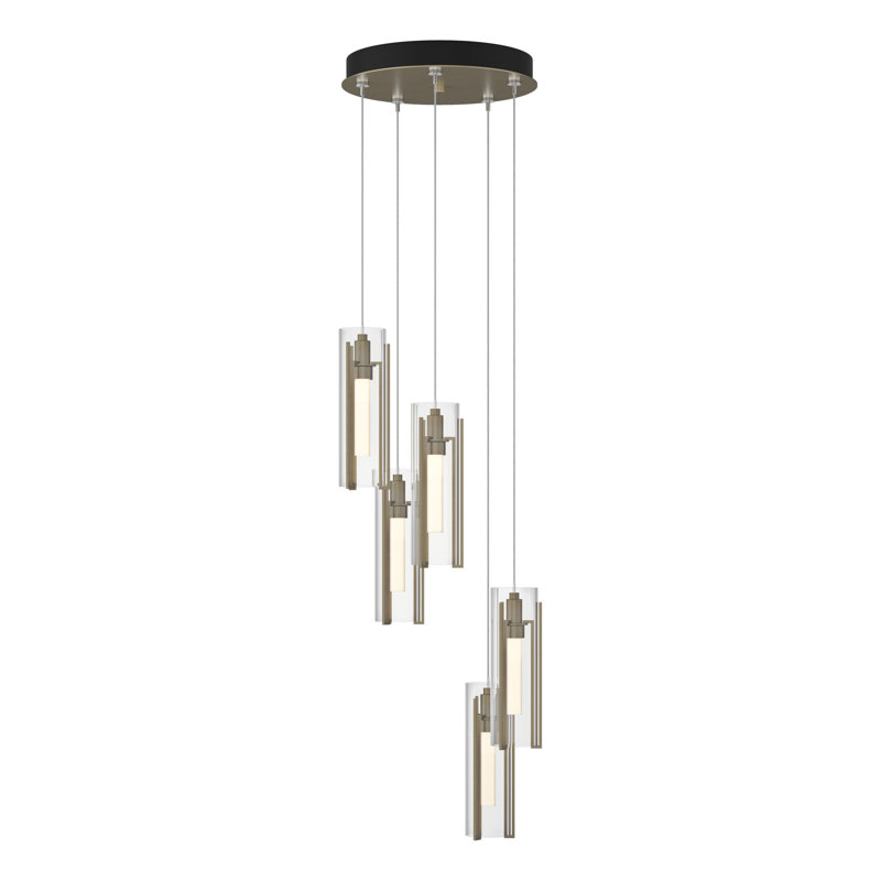 Luminaire suspendu cylindrique à 5 lumières Exos, Long: 13 po à 80 po, Verre transparent, Doré clair