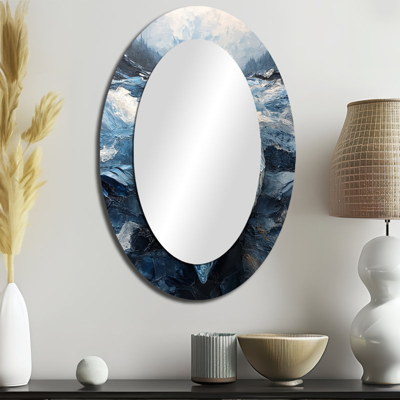 Canadian Inuit Art Canoe In Blue And White Tones I - Large Oval Wall Mirror On Metal, 36" x 24"