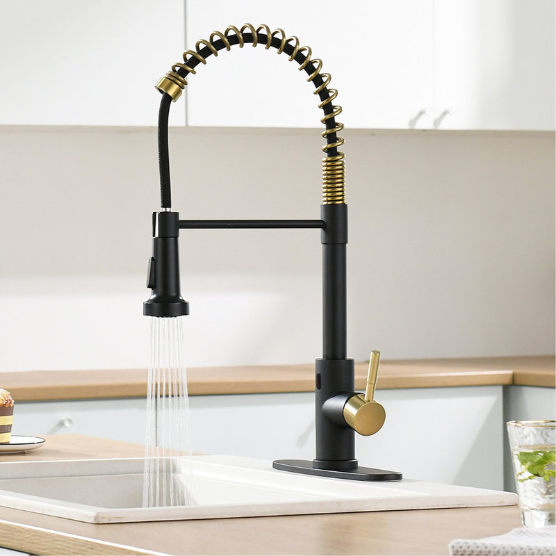 Touchless Kitchen Faucet With Pull Down Spray - Hands Automatic Smart, Black + Gold, Contemporary, Stainless Steel, Ceramic Fill Smart Touchless, , Contemporary Design, Filler