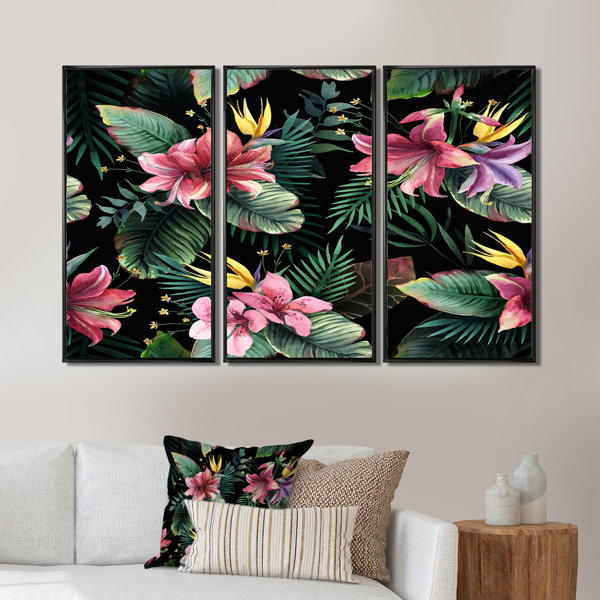 Bay Isle Home Pink Tropical Flowers On Black Framed On Canvas 3 Pieces ...