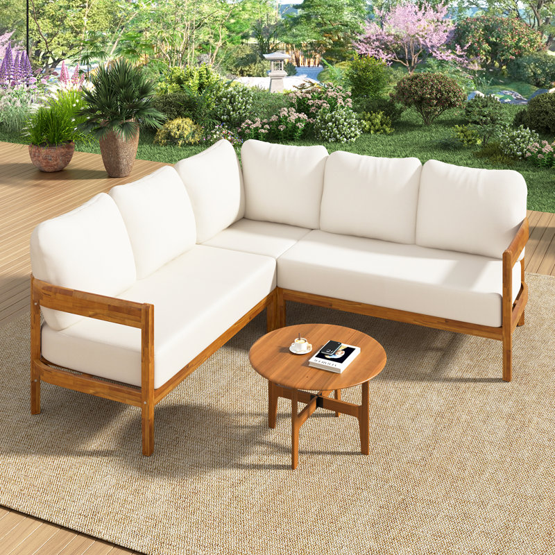 Galorex Modern Rustic Acacia Wood L-Shape Outdoor Patio Conversation Sofa Set with Thick Cushions, Arc Frame Design, Adjustable Feet & All-Weather Garden Seating