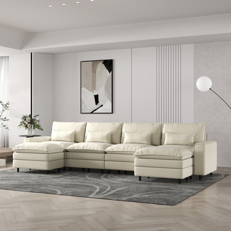Canapé en chenille 4 places avec 2 repose-pieds et coussins lombaires en chenille - Flexibles, confort familial, Blanc