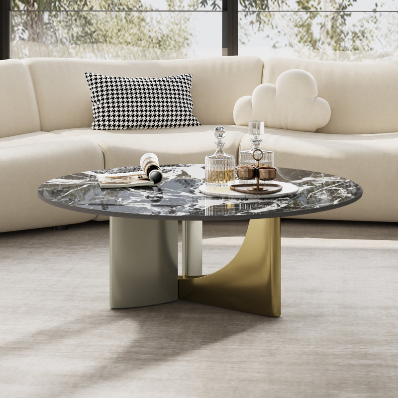 Table basse de luxe moderne 35 po, plateau de table en faux marbre noir, base en acier inoxydable