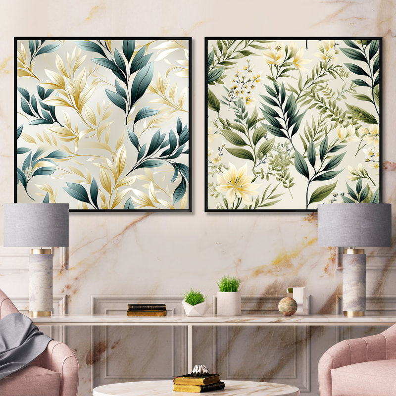 Telscombe - Ensemble de 2 collages carrés floral et botanique, Cadre flottant noir, H 30 po x l 61 po