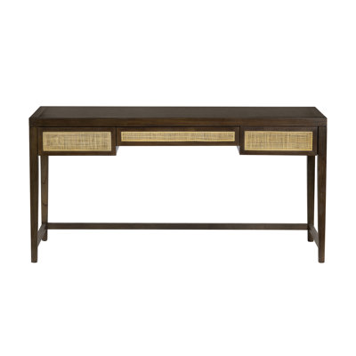 60" Brown 3 Drawer Solid Wood And Rattan Writing Desk