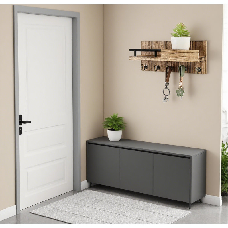 Porte-clés mural avec tablette, clé en bois et organisateur de courrier pour l'entrée, décoration rustique robuste, Brun