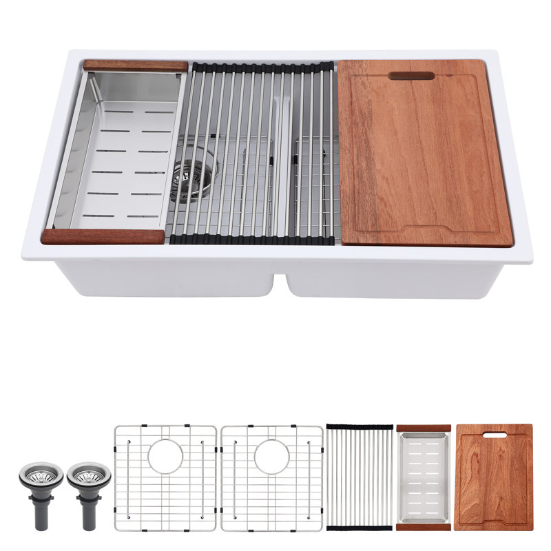 33" L x 19" W Double Bowl Rectangular Undermount Workstation Quartz Kitchen Sink Low-divider Granite Composite Sink, White