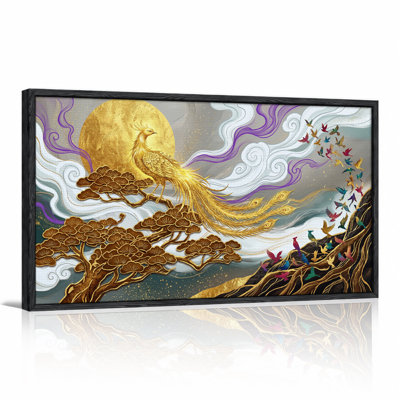 Golden Phoenix on Tree Branch Colorful Flying Birds Canvas Wall Art