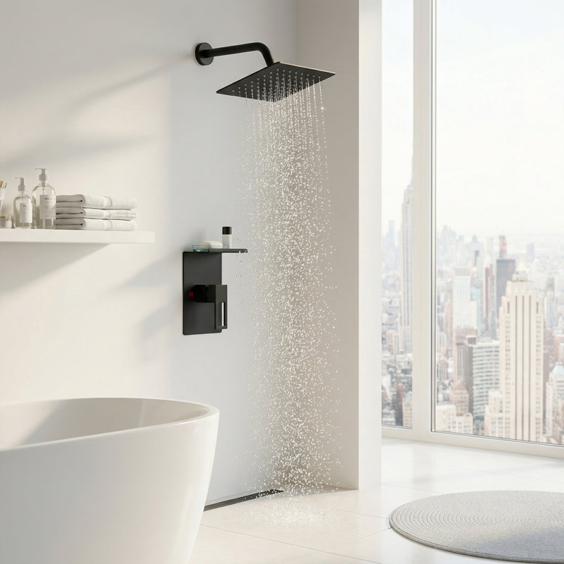 Système de douche mural avec pomme de douche à pluie de 8 pouces et tablette de rangement, Noir mat